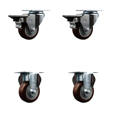 Service Caster 3'' Maroon Poly Wheel Swivel Top Plate Caster Set with 2 Posi Brakes 2 Rigid, 4PK SCC-20S314-PPUB-MRN-PLB-2-R-2
